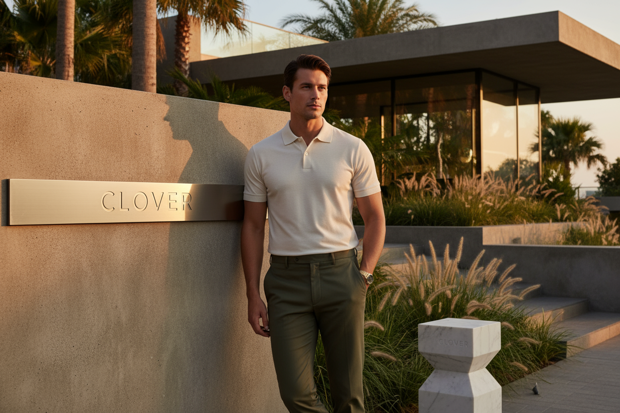 crea una imagen con modelo o modelos hombres que usen los productos que tengo en mi tienda poloshirt, esta debe tener el nombre Clover sutilmente. el modelo debe estar en un spot  lindo visualmente