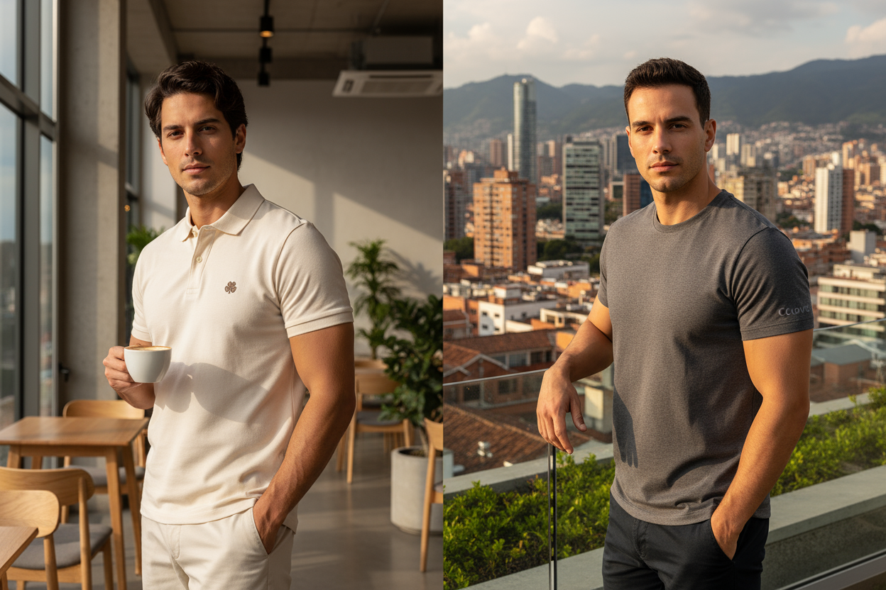 crea una imagen con modelo o modelos hombres que usen los productos que tengo en mi tienda poloshirt y t-shirt, estas deben tener el nombre Clover sutilmente. los modelos deben estar en spots lindos visualmente