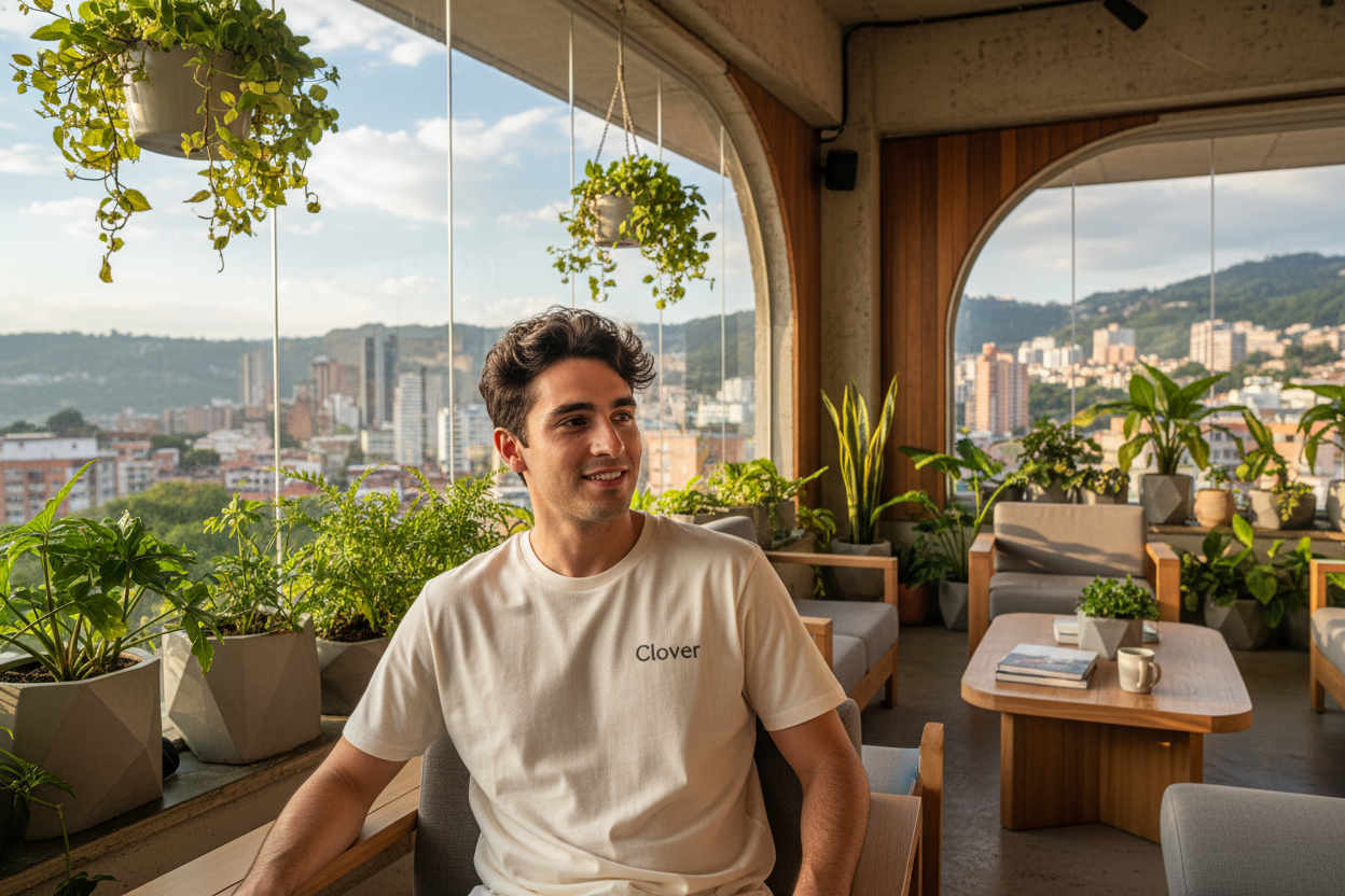 la t-shirt debe tener solo el nombre Clover pequeño, el entorno que sea un spot lindo visualmente 